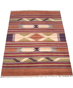 Kilim Hand-woven Ivory/Brick Silk Rug 8' x 10' (India)
