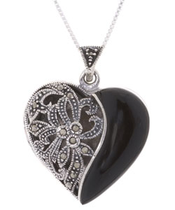 Sterling Silver Onyx and Marcasite Heart Locket Necklace