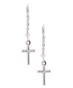Sterling Silver Pearl Cross Leverback Earrings