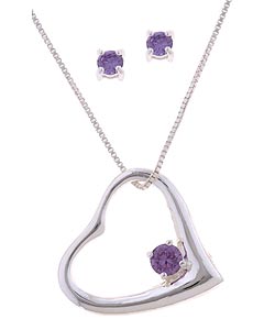 Icz Stonez Silver Purple CZ Earring and Heart Pendant Set