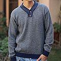 Men's Alpaca Wool 'Grey Day' V-neck Sweater (Peru)