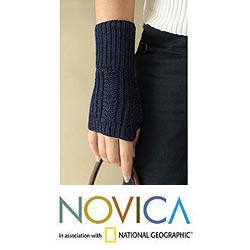 Alpaca Wool 'Navy Glam' Fingerless Mitt Gloves (Peru)