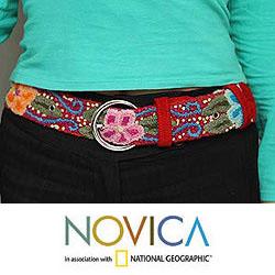 Handcrafted Wool 'Crimson Garland' Belt(Peru)