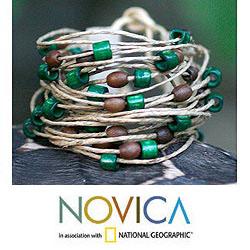 Bamboo and Leather 'Amazon Ferns' Wristband Bracelet (Brazil)