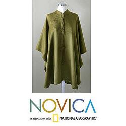 'Olive Autumn' Alpaca Wool Poncho (Peru)