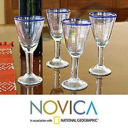 Set of 4 Blown Glass 'Bubbly' Wine Glasses (Guatemala)