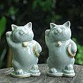Set of 2 Celadon Ceramic 'Charming Lucky Cats' Figurines (Thailand)