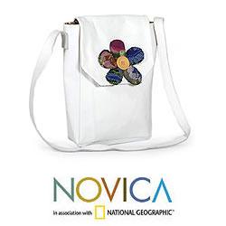 Leather 'White Maya Flower' Medium Shoulder Bag (Guatemala)