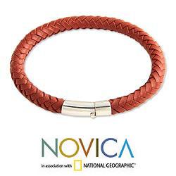 Men's Sterling Silver 'Brick Road' Leather Bracelet (Indonesia)