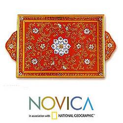 Painted Glass 'Crimson Garden' Tray (Peru)