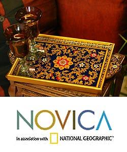 Painted Glass 'Royal Blue Garden' Tray (Peru)