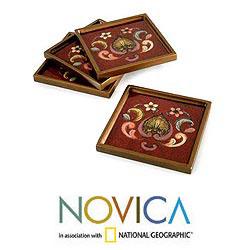 Set of 4 Glass 'Floral Romance in Red' Coasters (Peru)