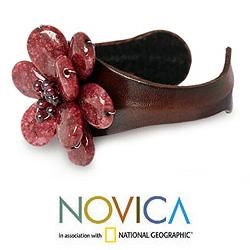 Stainless Steel 'Khao Yai Blossom' Leather Bracelet (Thailand)