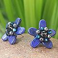 Lapis Lazuli 'Phuket Flowers' Pearl Earrings (3.5-4 mm) (Thailand)