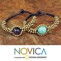 Set of 2 Brass 'Planet Autumn' Amethyst Wristband Bracelets (Thailand)