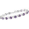 Sterling Silver Round Amethyst and Heart Link Bracelet
