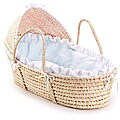 Natural Hooded Moses Basket with Blue Gingham Bedding