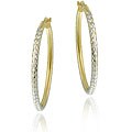 18k Yellow Gold and Sterling Silver Diamond-cut Hoop Earrings