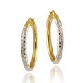 18k Yellow Gold and Sterling Silver Diamond-cut Hoop Earrings