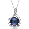 Sterling Silver Black Genuine Freshwater Pearl and Diamond Necklace (9-10 mm)