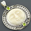 Carved Bone and Peridot Sterling Silver Pendant (Indonesia)