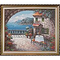 'Cafe at Oceanside' Hand-painted Canvas Art