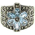 Sterling Silver Blue Cubic Zirconia and Marcasite Flower Ring