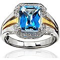 Silver and Goldplated Emerald-cut Blue Topaz and Diamond Ring