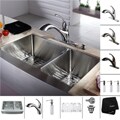 Kraus Stainless Steel Farmhouse Kitchen Sink, Brass Faucet/ Dispenser