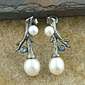 Silver Branch Freshwater Pearl Blue Topaz Earrings (3-6 mm) (Thailand)