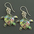 Rainbow Abalone Silver Turtle Dangle Earrings (Indonesia)