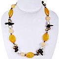 Silver FW Pearl, Yellow Agate and Crystal Necklace (14-14.5 mm)(China)