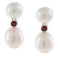 14k White Gold Double White Freshwater Pearl and Garnet Earrings (7-8mm, 8-9mm)