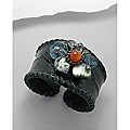 Black Leather Flower Gemstone Cuff Bracelet (Thailand)