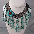 Cotton Multistrand Turquoise/ Red Coral Flower Bib Necklace (Thailand)