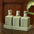 Set of 3 Ceramic 'Jade Bali Lotus' Oil Bottles (Indonesia)