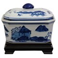 Porcelain 8-inch Blue and White Landscape Covered Jar (China)