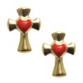 14k Yellow Gold over Sterling Silver Red Heart Cross Stud Earrings