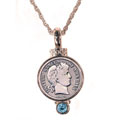 American Coin Treasures Silver Barber Dime Aqua Crystal Pendant Necklace