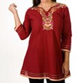 Women's Cotton Red Embroidered Kurti/ Tunic (India)