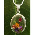 Silver Rose and Bouquet of Flowers Big Clear Oval Necklace (Mexico)