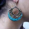 Brass and Sterling Silver Turquoise Crescent Earrings (Nepal)