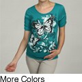 Oh! Mamma Women's Butterfly/Floral Print Banded Elbow-sleeve Top
