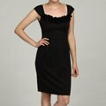 London Times Women's Black Ponte Ruffled Cap-sleeve Dress