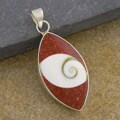 Sterling Silver Red Coral and Shiva Shell Marquise Pendant (Thailand)