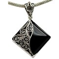 Sterling Silver Scroll Bead Detailing Onyx Pendant (Indonesia)
