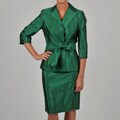 Sharagano Women's Evergreen 3/4-length Sleeve Belted Jacket Skirt Suit