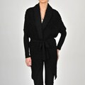 Colour Works Women's Black Puckered Stitch Belted Shawl Collar Cardigan