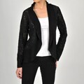 Colour Works Women's Black Crocheted Ribbed Trim Open-front Cardigan