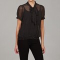 Artrageous Women's Round Tie Neck Ruffle Front Polka Dot Blouse